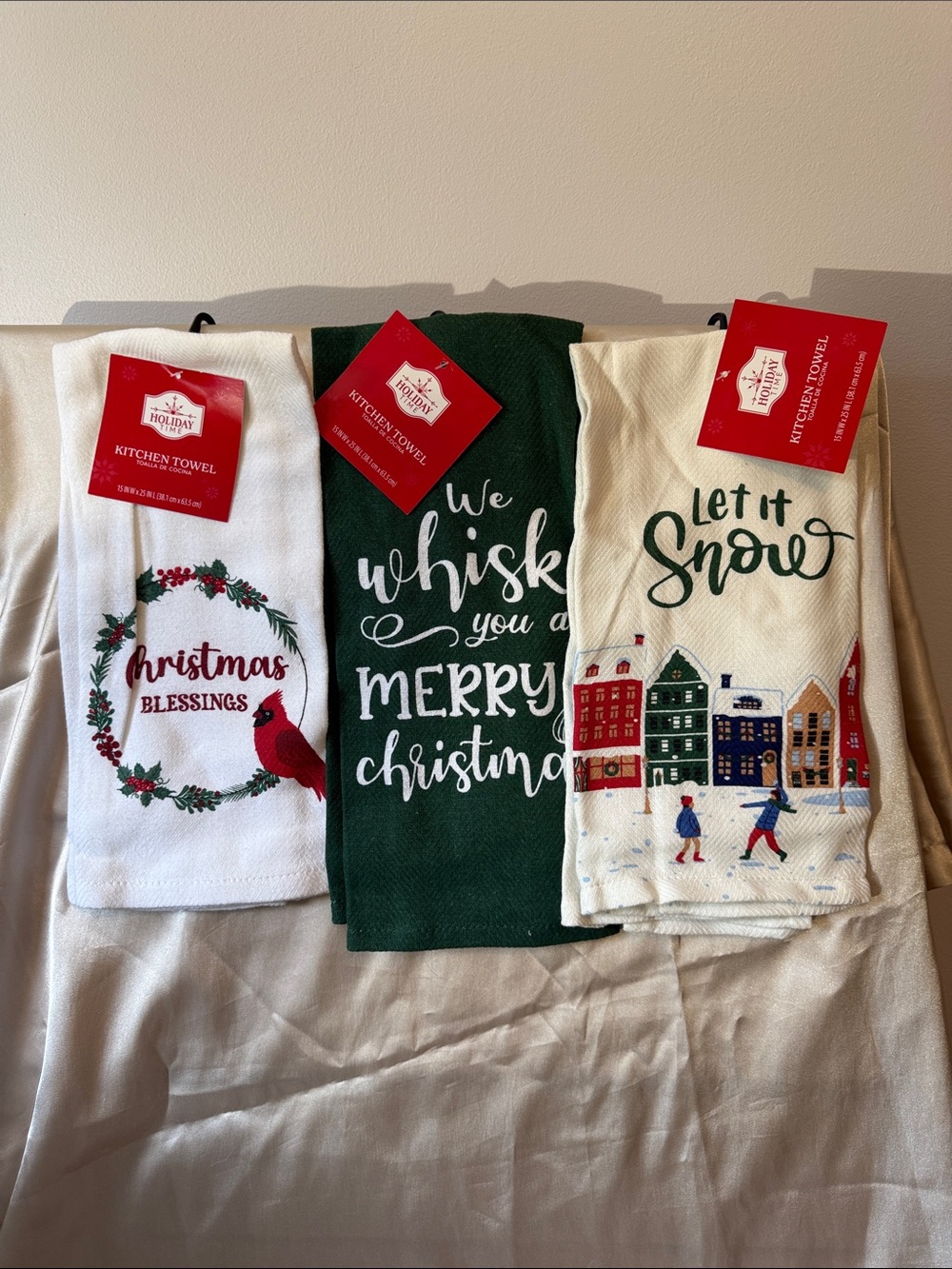 Holiday Kitchen Towels Set of 3 - Green, White, Cream with Festive Designs